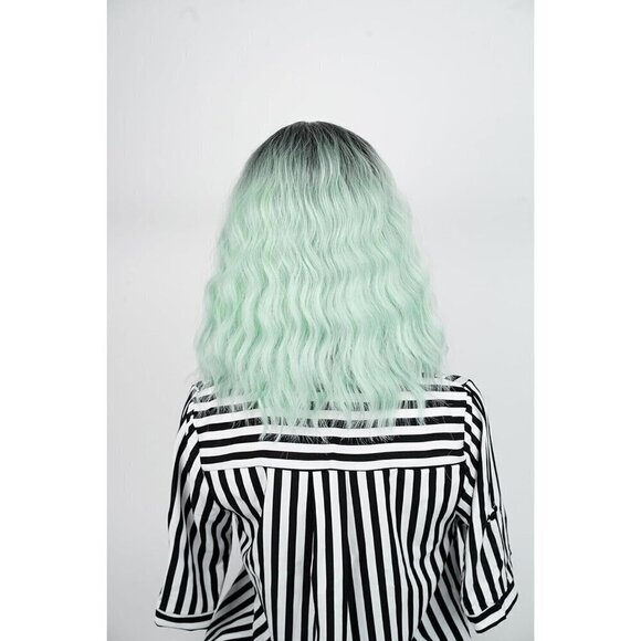 Cosplay Synthetic Hair Lace Wig Body Wavy Black to Green Ombre w/ Skull Clip - Picture 4 of 5